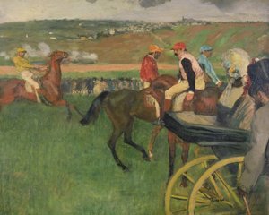 De renbaan - Amateur jockeys bij een koets, c.1876-87 door Edgar Degas